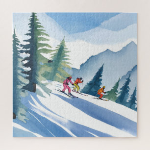 Puzzle Allons faire du ski   Aquarelle d'hiver