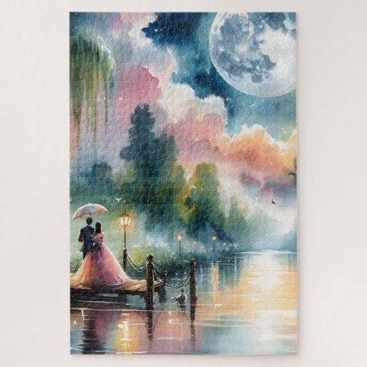 Puzzle Ambiance romantique Moonlight Watercolor Scène noc (Vertical)