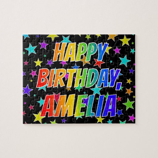 Puzzle "AMELIA" Prénom, Amusant "HEUREUX ANNIVERSAIRE" (Horizontal)