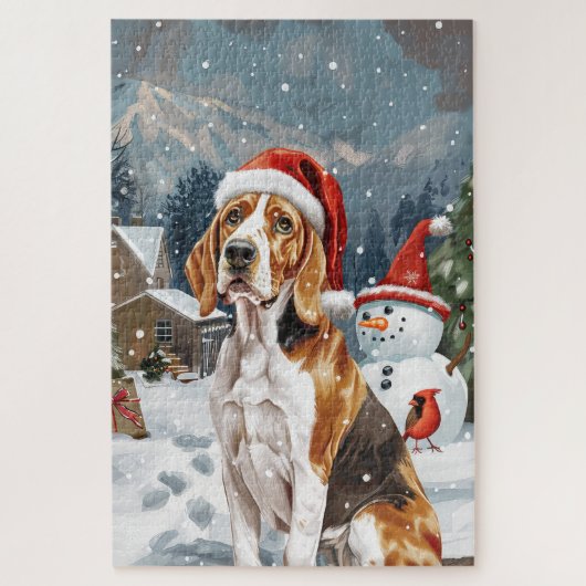 Puzzle American English Foxhound Chien hiver Noël Joie (Vertical)