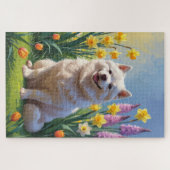Puzzle American Eskimo Chien Fleurs de printemps Peinture (Horizontal)
