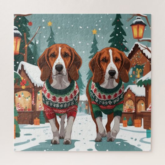 Puzzle American Foxhound Dogs Christmas Snow Holiday (Vertical)