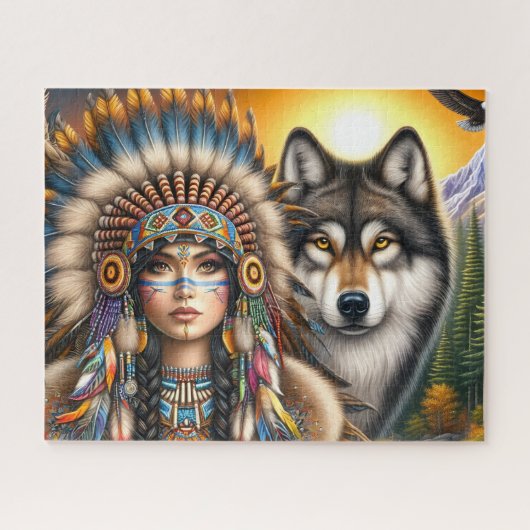 Puzzle Amérindienne féminine avec loup (Horizontal)