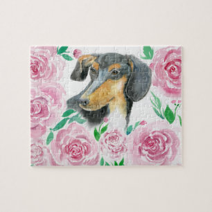 Puzzle Amour aquarelle d'un dachshund avec des roses rose