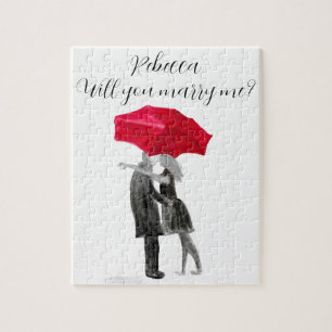 Puzzle Amour couple parapluie rouge Aquarelle Saint Valen