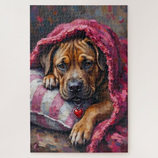 Puzzle AmStaff Dog Cozy Valentine's Day Snuggle (Vertical)
