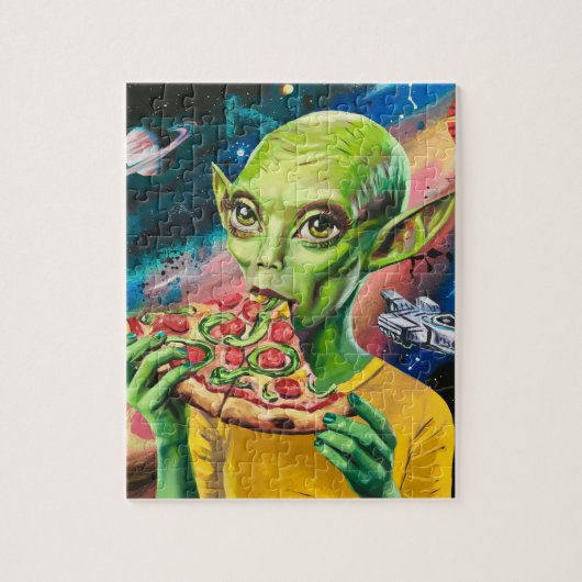 Puzzle Amusant Alien dans l'espace manger de la pizza (Vertical)