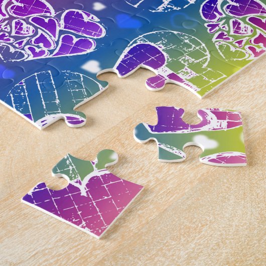 Puzzle Amusant Violet, bleu, jaune motif de Coeurs Whimsi (Côté)