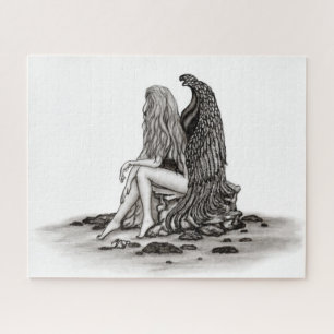 Puzzle Angel, perdu dans la pensée, noir et blanc Design