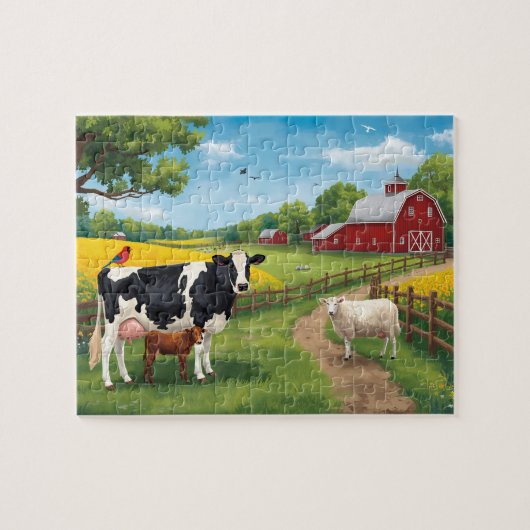 Puzzle Animaux de ferme heureux grange rouge scène rurale (Horizontal)
