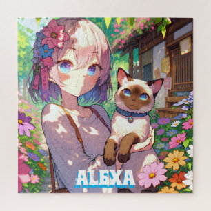 Puzzle Anime Girl et chat siamois Personnalisé