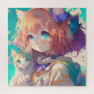 Puzzle Anime Girl Holding an Adorable Kitten