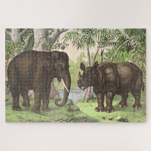 Puzzle Antique Elephant Rhino Aquarelle Imprimer (Horizontal)