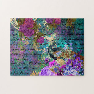 Puzzle Antique Peacock Illustré & Fleurs Grunge