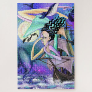 Puzzle Aqua Lady and Fishers in Night Sailing Art Abstrai