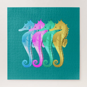 Puzzle Aqua nautique / rose / bleu / or les hippocampes j