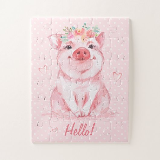 Puzzle Aquarelle adorable Cochon rose Personnalisé (Vertical)