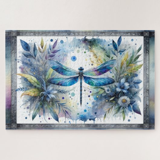 Puzzle Aquarelle botanique de libellule bleue (Horizontal)