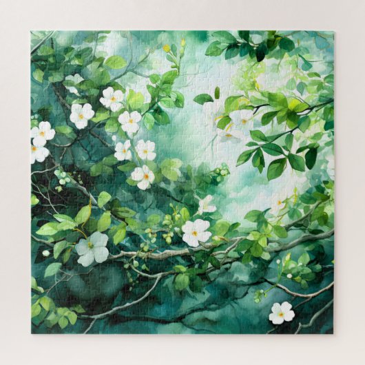 Puzzle Aquarelle botanique Fleurs blanches Feuilles verte (Vertical)