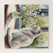 Puzzle Aquarelle Chat blanc et marguerites (Horizontal)