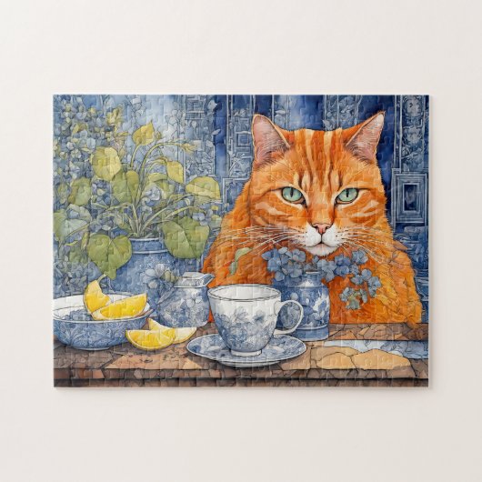 Puzzle Aquarelle Chat orange avec thé au citron (Horizontal)
