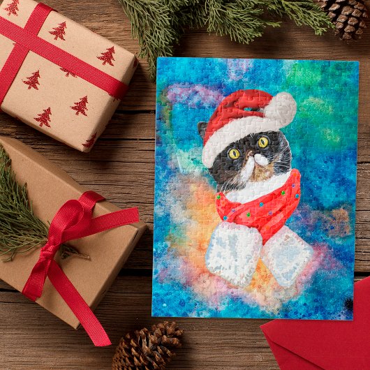 Puzzle Aquarelle Chat Tricolore Fête Noël Presen