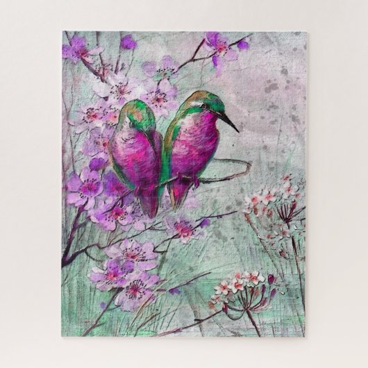 Puzzle Aquarelle Colibris aux fleurs de printemps roses (Vertical)