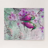 Puzzle Aquarelle Colibris aux fleurs de printemps roses (Horizontal)