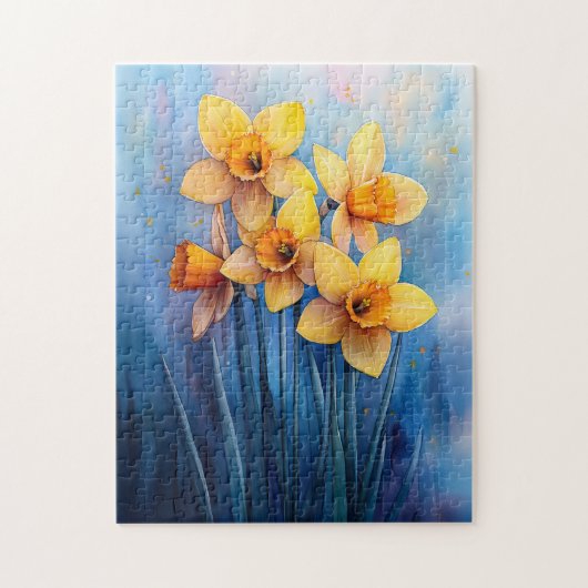Puzzle Aquarelle Daffodiles Arrière - plan bleu (Vertical)