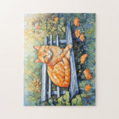 Puzzle Aquarelle de chat sur banc dans le jardin de fleur (Vertical)