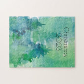 Puzzle Aquarelle de Noël Pine Arbres Bleu Vert (Horizontal)