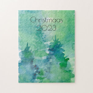Puzzle Aquarelle de Noël Pine Arbres Bleu Vert