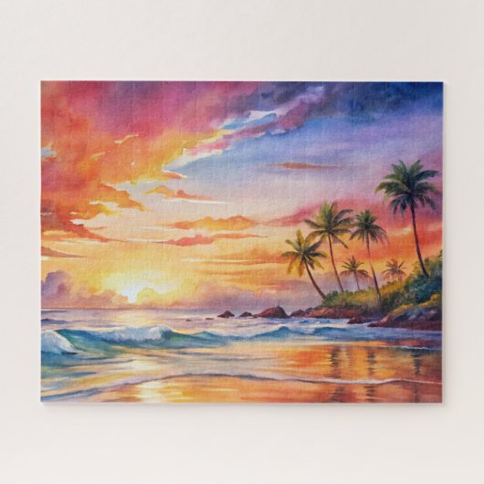 Puzzle Aquarelle de plage de coucher de soleil tropical, (Horizontal)
