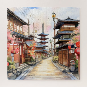 Puzzle Aquarelle de printemps cosy de la rue du Japon