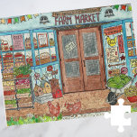 Puzzle Aquarelle du marché agricole<br><div class="desc">Le puzzle du Marché des fermiers à serres - Cette oeuvre originale présente un marché d'été plein de légumes frais, de produits faits maison et de quelques poulets curieux qui vivent à la ferme. Les vitrines des magasins présentent de délicieux tartes, confitures, miel et autres friandises fraîches en attente d'achat!...</div>