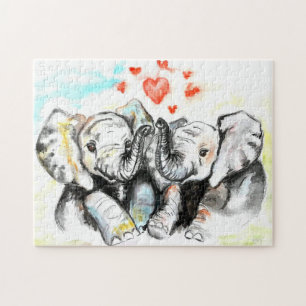 Puzzle Aquarelle - Eléphants mignons - Coeurs romantique