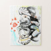 Puzzle Aquarelle - Eléphants mignons - Coeurs romantiques (Vertical)