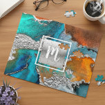Puzzle Aquarelle en marbre monogramme argent turquoise or<br><div class="desc">Un carré brillant et faux argenté avec une typographie de script monogramme initial recouvre un arrière - plan d'aquarelle bleu et jaune turquoise, argenté, riche, veiné argenté, sur ce puzzle élégant, tendance, girly, moderne, monogramed. Fabrique un cadeau unique, personnalisé et personnalisé pour quelqu'un de spécial! Vient dans une boîte cadeau...</div>