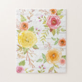 Puzzle Aquarelle fleurie rose jaune bois blanc rustique (Vertical)