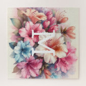 Puzzle Aquarelle florale monogramme rose azalée bleue (Horizontal)