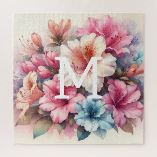 Puzzle Aquarelle florale monogramme rose azalée bleue