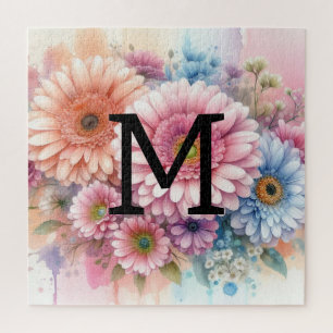 Puzzle Aquarelle florale monogramme rose marguerite