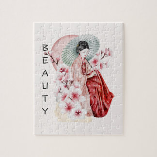 Puzzle Aquarelle japonaise de Geisha avec Kimono et Sakur