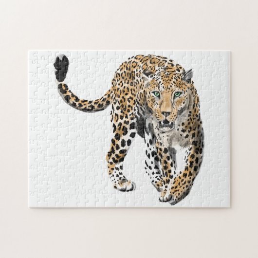 Puzzle aquarelle léopard jungle chat animal peint vert (Horizontal)