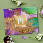 Puzzle Aquarelle marbre monogramme or violet vert aqua<br><div class="desc">Un carré brillant et faux or avec une typographie de script monogramme initial chevauche un riche, veiné or, violet, vert, aqua, et rose arrière - plan d'aquarelle sur cet élégant, tendance, girly, moderne, monogramed puzzle puzzle. Fabrique un cadeau unique, personnalisé et personnalisé pour quelqu'un de spécial! Vient dans une boîte...</div>