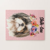 Puzzle Aquarelle mignonne Chih-tzu Chien/Fleurs (Horizontal)