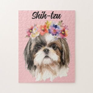 Puzzle Aquarelle mignonne Chih-tzu Chien/Fleurs