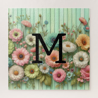 Puzzle Aquarelle monogramme pastel fleurs sur bois vert