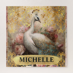 Puzzle Aquarelle Paon Blanc Vintage et Roses Roses
