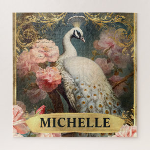 Puzzle Aquarelle Paon blanc vintage et roses roses